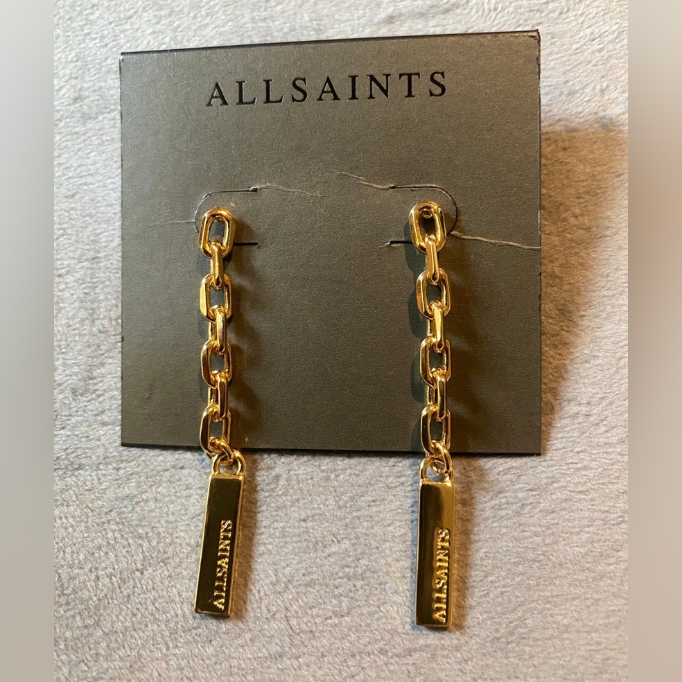 Bnwt All Saints Logo Etched Chain Link Linear Gold Drop Earrings 45$